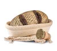Praknu Cestino per Lievitazione del Pane - Ovale - In Rattan Sostenibile - 35 cm - Kit con Spazzola, Fodera di Lino & Sacchetto per il Pane