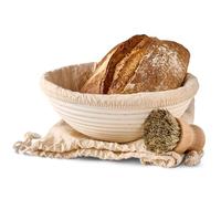 Praknu Cestino per Lievitazione del Pane - Rotondo - In Rattan Sostenibile - 25 cm - Kit con Spazzola, Fodera di Lino & Sacchetto per il Pane