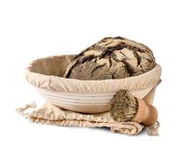 Praknu Cestino per Lievitazione del Pane - Rotondo - In Rattan Sostenibile - 30 cm - Kit con Spazzola, Fodera di Lino & Sacchetto per il Pane
