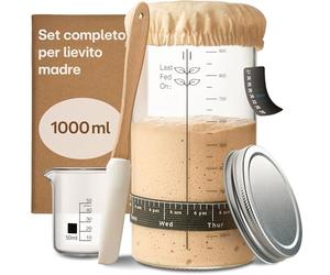 Praknu Kit per Lievito Madre in Vetro da 1 Litro - Kit Completo con Guida | Guida per i principianti inclusa, per il pane fatto in casa senza lievito di birra, barattolo grande, anche come idea regalo