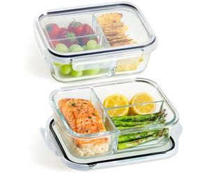 Praknu Meal Prep Contenitori con 3 Scomparti - 2 Pezzi Contenitori in Vetro Ermetici per Alimenti 1000ml - Per Microonde, Lavastoviglie, Forno