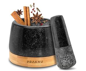 Praknu Mortaio con Pestello di Granito - Piccollo 120ml - Mortaio con Protezione per Superficie in Legno FSC®- Per il Pesto fatto in Casa