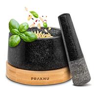 Praknu Mortaio con Pestello Grande 14 cm - Pestello e Mortaio Pesto 400 ml | Volume ampio per pesto e salse, pietra pesante da 3,25 kg, interno ruvido, base in legno FSC N004317, manico extra lungo