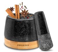 Praknu Mortaio con Pestello in Granito Piccolo 120 ml - per Pesto Genovese | La pietra naturale macina più fine, base in legno FSC a protezione del piano, facile da pulire, per erbe, spezie e pesto