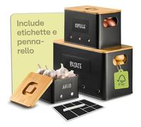 Praknu Porta Patate Cucina - Set di 3 Contenitori per Patate, Cipolle & Aglio - Impilabili e Ventilati per Freschezza - Coperchio Bambù FSC® - Con Etichette & Penna