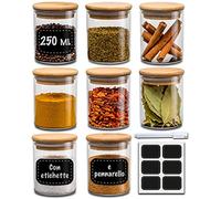 Praknu Set Barattoli Spezie Vetro con Coperchi - 8pcs x 250ml - Contenitori Spezie per Cucina - Ermetici - con Etichette - Lavabili in Lavastoviglie - Spezie, Erbe e Tè