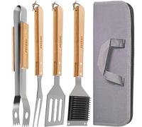 Praknu Set di Utensili da Barbecue in Acciaio e Legno - 4 pezzi - Resistente al calore e antiruggine - Con pratica borsa per il trasporto
