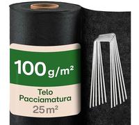 Praknu Telo Pacciamatura 100g/m² - 1m x 25 Metri con 12 Picchetti - Extra Resistente & Anti-UV - Telo Traspirante & Antistrappo - Ideale per Giardino & Orti Rialzati