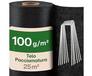 Praknu Telo Pacciamatura 100g/m² - 1m x 25 Metri con 12 Picchetti - Extra Resistente & Anti-UV - Telo Traspirante & Antistrappo - Ideale per Giardino & Orti Rialzati