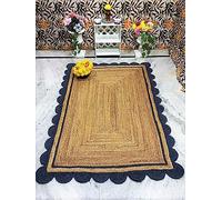 Prakriti Rugs - Tappeto indiano fatto a mano in iuta naturale con design smerlato blu navy, tappeto per esterni - tappeto per fattoria Dimensioni: 90 cm x 270 cm