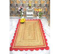 Prakriti Rugs - Tappeto indiano fatto a mano in iuta naturale con design smerlato rosso, tappeto per esterni, tappeto da fattoria, dimensioni: 240 cm x 420 cm