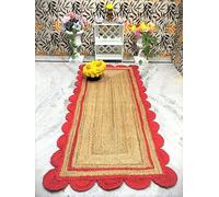 Prakriti Rugs - Tappeto indiano fatto a mano in iuta naturale con design smerlato rosso, tappeto per esterni, tappeto da fattoria, dimensioni: 60 cm x 450 cm