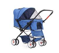 Pram Stroller Easy One-hand Fold, 4 Wheel Dog Strollers for Medium Small Dogs, Reversible Push Handle Pet Stroller Puppy & Kitten Carrier Extended Cockpit 25in(Blue)