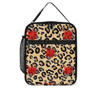 Pranzo al sacco riutilizzabile con motivo floreale animale leopardato per uomini e donne Porta pranzo isolato con piccoli fiori rosa rossa per picnic da lavoro per adulti unisex