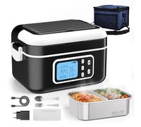 Pranzo Box Riscaldante, 1,5L Porta Pranzo Riscaldabile con Display LCD e Timer, Scalda Vivande Portatile Elettrico con Stoviglie in Acciaio Inossidabile e Borsa Termica per Auto Ufficio