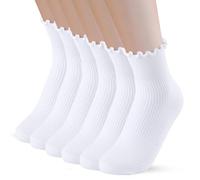 PRAOAHEI Calzini con Volant Donna 6 Paia Crew/Medio Alto Cotone Maglia Morbido Traspirante Regalo, bianco, 35-41