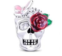 PRATA 925 Charm Teschio Decorativo con Rosa Rossa, Cristalli in Argento Sterling 925, 13 mm