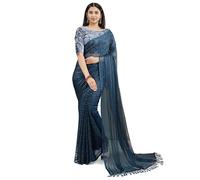 Pratham Blue Sari in seta da donna con parte della camicetta, sari da donna, con parte della camicetta, sari in seta, ricamato, elegante, blu e verde, taglia unica