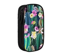 Pratico astuccio con stampa di cactus in fiore, multi-scomparto, per ufficio, viaggi, scuola, arte e uso quotidiano, Nero , Taglia unica, Con tasca per il