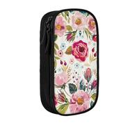 Pratico astuccio con stampa di foglie e fiori, multi-scomparto, per ufficio, viaggi, scuola, arte e uso quotidiano, Nero , Taglia unica, Con tasca per il