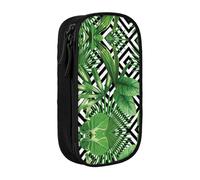 Pratico astuccio con stampa di foglie tropicali, multi-scomparto, per ufficio, viaggi, scuola, arte e uso quotidiano, Nero , Taglia unica, Con tasca per il
