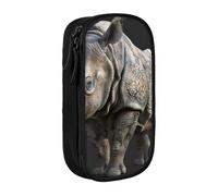 Pratico astuccio con stampa di rinoceronte con animali, multi-scomparto, per ufficio, viaggi, scuola, arte e uso quotidiano, Nero , Taglia unica, Con tasca per il
