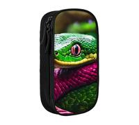Pratico astuccio con stampa serpente verde, multi-scomparto, per ufficio, viaggi, scuola, arte e uso quotidiano, Nero , Taglia unica, Con tasca per il