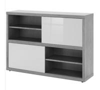 Pratico mobile basso cm35,6x140x87h colore cemento e ante laccato bianco lucido