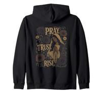 Pray Trust Rise, Motivo Floreale con Donna Che Prega Felpa con Cappuccio