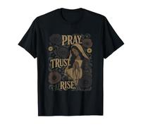 Pray Trust Rise, Motivo Floreale con Donna Che Prega Maglietta