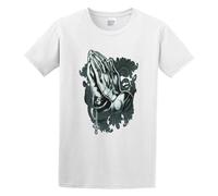 Praying Hands Crucifix Rosary Religion Graphic Casual Round Neck T Shirt White L