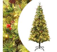 Pre-Lit Christmas Tree, 225 cm, Green, Hinged, with Pine Cones & Red Berries, 300 s, Sturdy Steel Stand, Indoor Holiday Decor, Easy Assembly