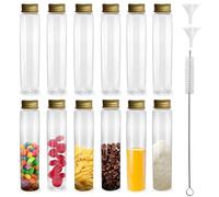 Prebarfun 12 Pcs Prorette Plastica, 100ml Provette Vetro Trasparente con Tappo a Vite, Provetta Portaconfetti con Imbuto e Spazzola per la Pulizia, Provette Laboratorio per Spezie, Semi