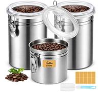 Prebarfun 3 barattoli per caffè in acciaio inox, 2 l e 1,1 l, ermetici, 500 | Barattolo per caffè macinato, contenitore per chicchi di caffè, contenitore per fagioli, noci, tè, con spazzola per lavare i