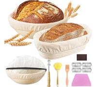 Prebarfun Kit Cestino Lievitazione Pane, Incl. Cestini Lievitazione Pane Rotondi 23cm & Ovale 25cm, Copertura per Impasto, Bread Lame, Tagliapasta Spatola, Pennello da Cucina - Kit Panificazione