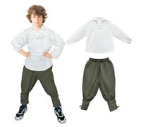 Prebene Costume da pirata medievale per ragazzi, camicia e pantaloni alla caviglia, costume rinascimentale vichingo per Halloween, bianco e verde., 10-12 Anni