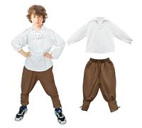 Prebene Costume da pirata medievale per ragazzi, camicia e pantaloni alla caviglia, costume rinascimentale per Halloween, top e pantaloni giacobiti scozzesi, Bianco+marrone, 10-12T