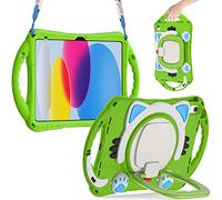 PREDCFVY Custodia per iPad 10a generazione 11,9 pollici 2022 rilascio carino gatto per bambini custodia protettiva a prova di caduta antiurto W cavalletto rotante + maniglia + tracolla (verde)