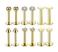 predolo Set di 12 Gioielli per Piercing Labbro Labret, Piercing per Il Corpo in Acciaio Inossidabile con Cristallo per Labbra, Orecchie, Naso, Unisex, per Tut, 金色 套装