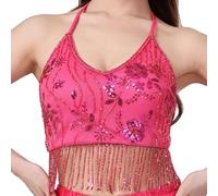 predolo Top Corto con Nappe per Danza del Ventre e Paillettes con Cuscinetto per Il Petto, Costume per Danza del Ventre con Lacci, Rosa Rossa