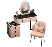 Preferspace Scrivania da trucco con specchio, illuminazione LED regolabile, luce calda naturale, gambe in metallo robusto, sgabello in velluto e mobiletto portaoggetti per vestirsi