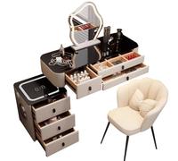 Preferspace Scrivania da trucco con specchio, illuminazione LED regolabile, luce calda naturale, gambe in metallo robusto, sgabello in velluto e mobiletto portaoggetti per vestirsi