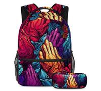 Pregare Mani Libera Creatività, Zaino con Astuccio per Ragazzi Ragazze Adolescenti, Set di 2 zaini per bambini, Multicolore#03, B：29.4x20x40cm P：19x7.5x3.8cm, Zaini Daypack