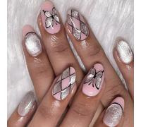 Premere sulle unghie corte lucide glitter falso con disegni di farfalla occhi di gatto acrilico bastone su per le donne 24 pz unghie acriliche