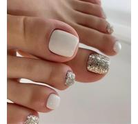 Premere sulle unghie dei piedi corte quadrate unghie finte coperture complete acrilico lucido stampa lucida per le donne colle unghie del piede per le donne punta francese