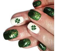 Premere sulle unghie Shamrock Designs French Fake Acrilico Falso Colle Artificiali Su Piazza Falso Verde Trifoglio Falso Unghie Finte