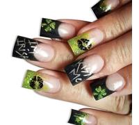 Premere sulle unghie Shamrock Designs French Fake Acrilico Falso Colle Artificiali Su Piazza Falso Verde Trifoglio Falso Unghie Finte