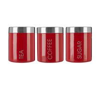 Premier Housewares Set di 3 contenitori per tè, zucchero e caffè in gomma smaltata di rosso con coperchio argentato e scritte