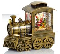 Premier Lanterna Natalizia a LED Rustica Dorata con Treno Glitterato con Babbo Natale, Lunghezza 18 cm