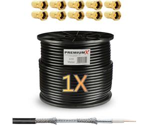 Premium X 100m Cavo coassiale BASIC NERO da Nero 130 dB Cavo antenna SAT schermato a 4 vie 130dB 4K FullHD 1080p HDTV compatibile Nuovo + 10x F-plug a colori "oro"